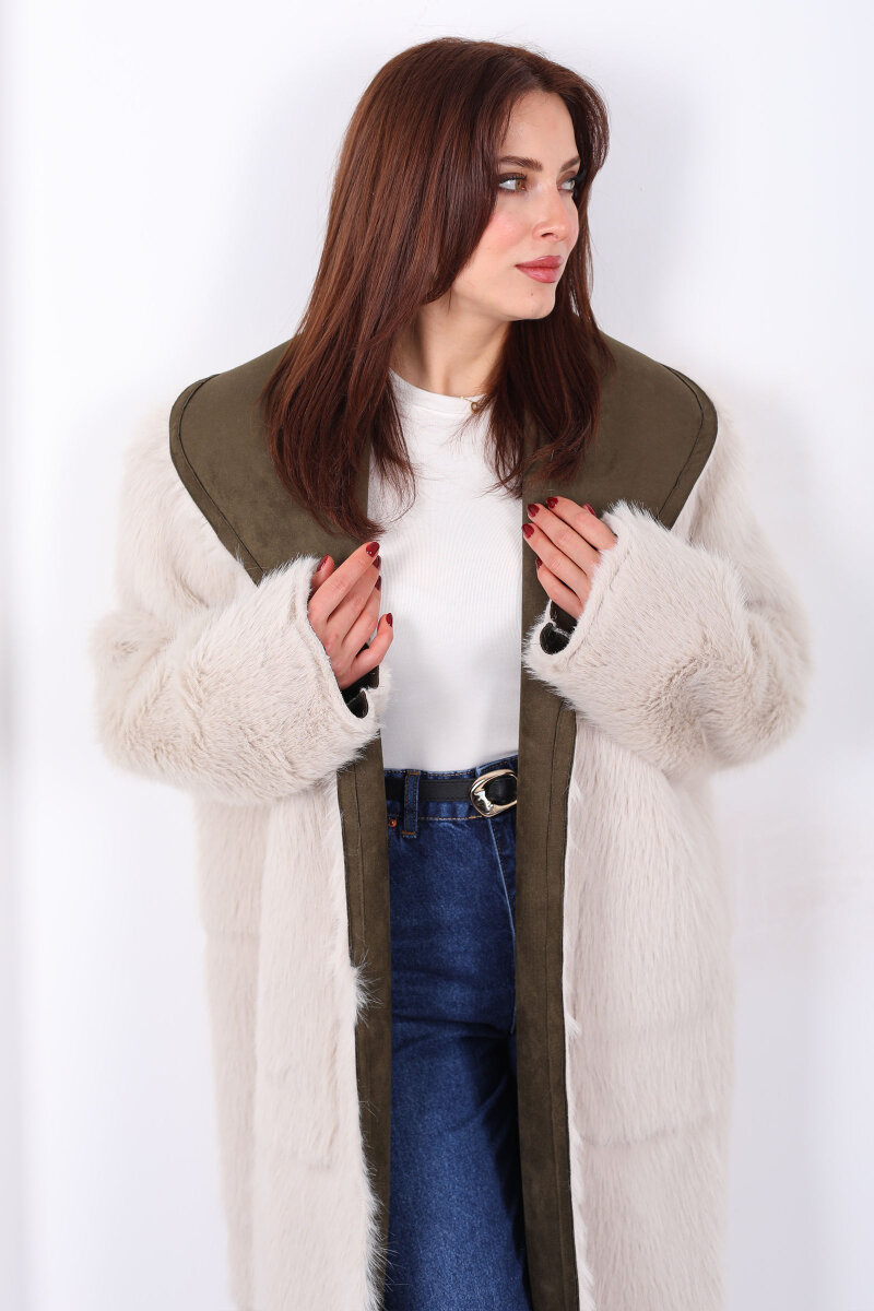 Çift Taraflı içi Kürklü Haki Kadın Süet Uzun Kaban - 7