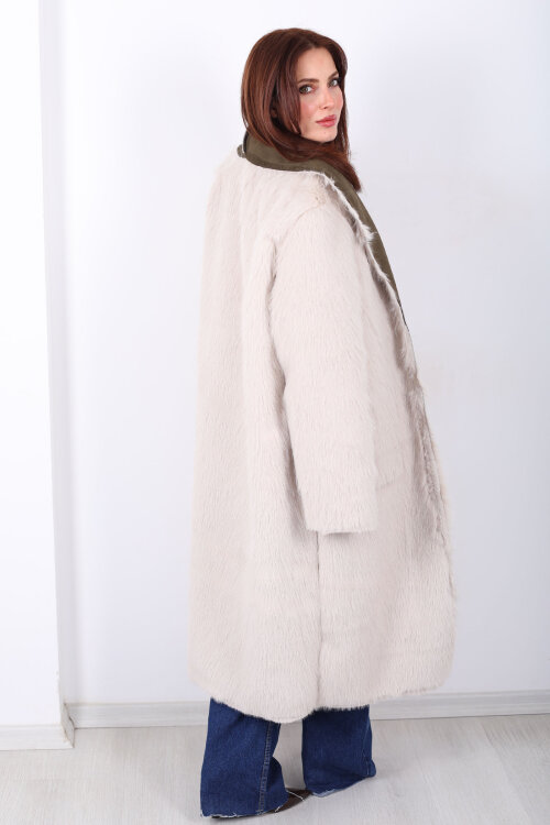 Çift Taraflı içi Kürklü Haki Kadın Süet Uzun Kaban - 5