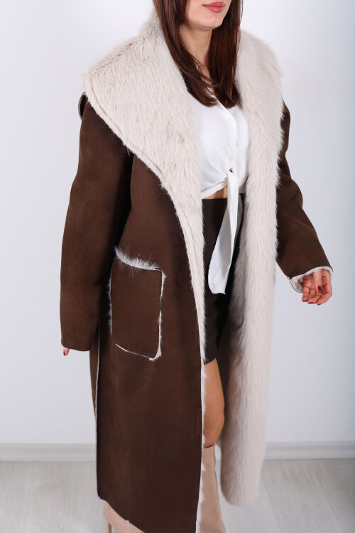 Çift Taraflı içi Kürklü Kahverengi Kadın Süet Uzun Kaban - 6