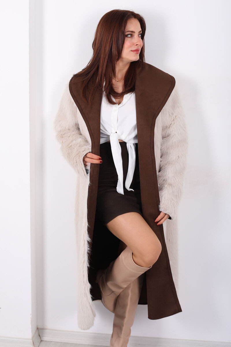 Çift Taraflı içi Kürklü Kahverengi Kadın Süet Uzun Kaban - 7