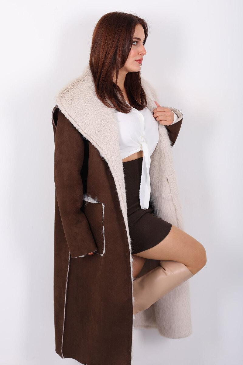Çift Taraflı içi Kürklü Kahverengi Kadın Süet Uzun Kaban - 4