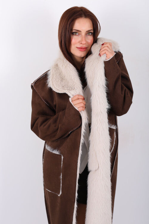 Çift Taraflı içi Kürklü Kahverengi Kadın Süet Uzun Kaban - Berox