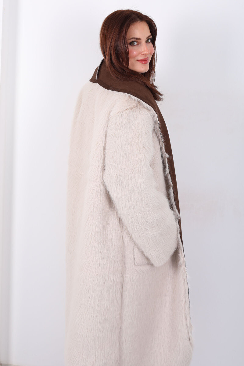 Çift Taraflı içi Kürklü Kahverengi Kadın Süet Uzun Kaban - 5