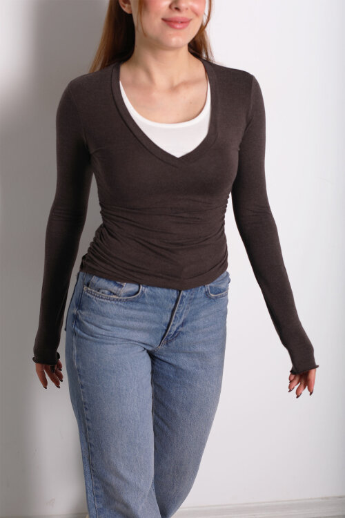 Çift V Yaka Acı Kahve Kadın Drapeli Bluz - 2