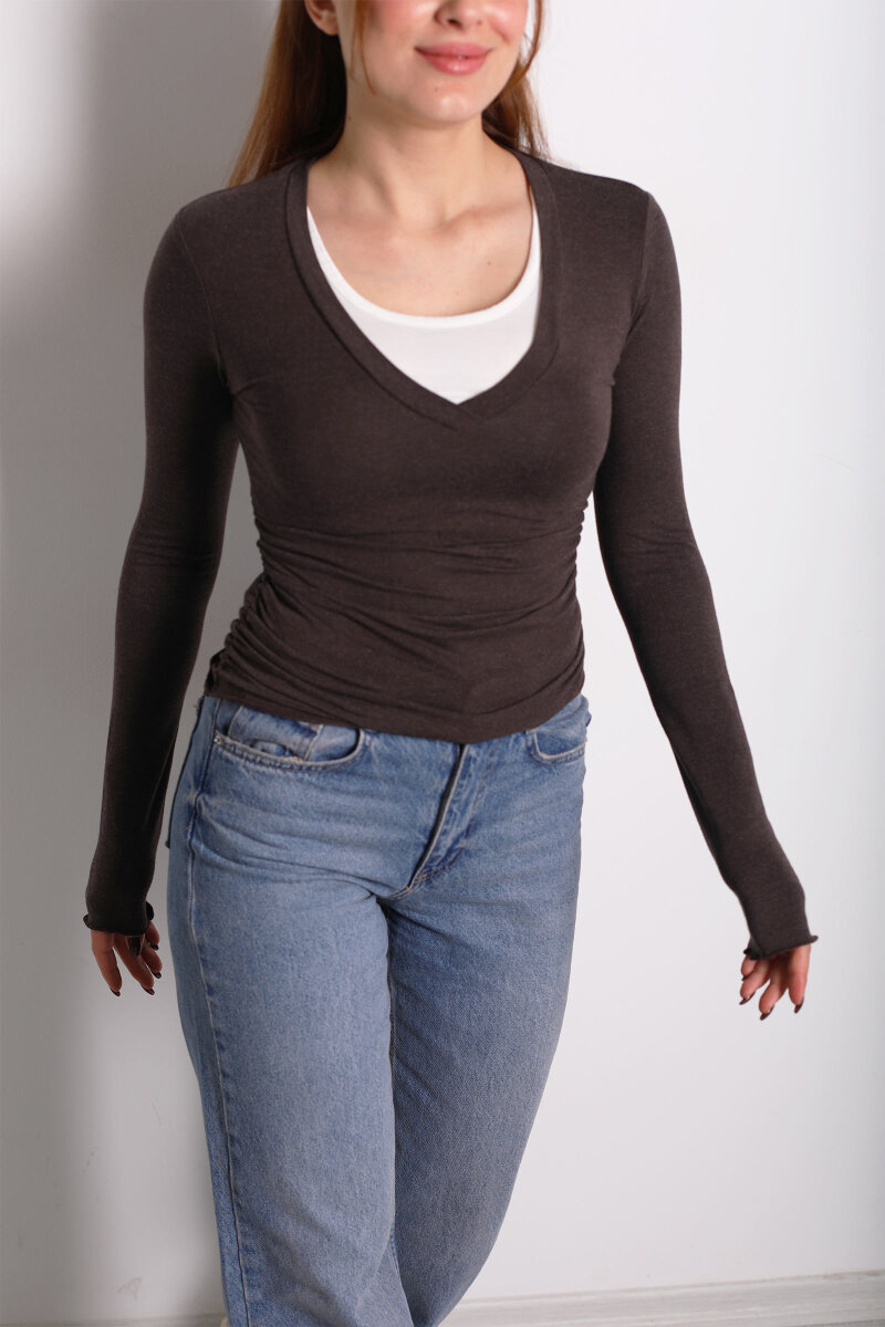 Çift V Yaka Acı Kahve Kadın Drapeli Bluz - 2