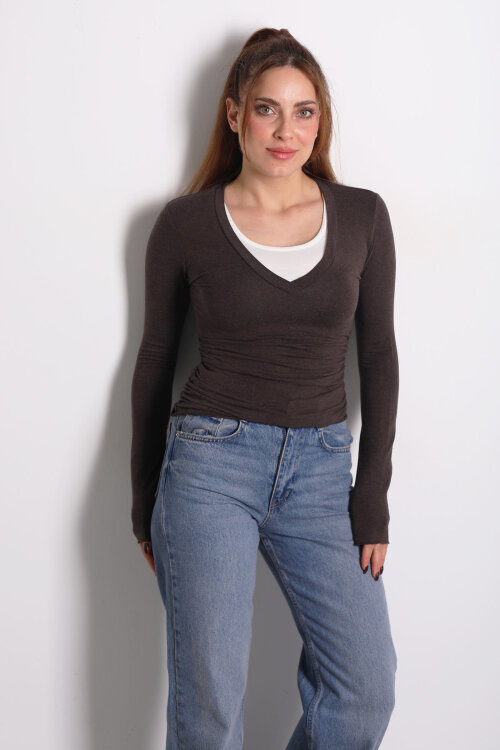 Çift V Yaka Acı Kahve Kadın Drapeli Bluz 