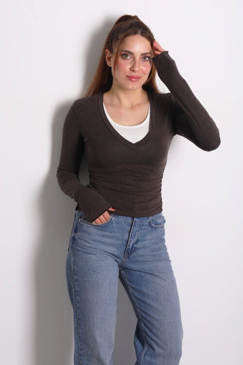 Çift V Yaka Acı Kahve Kadın Drapeli Bluz - 3