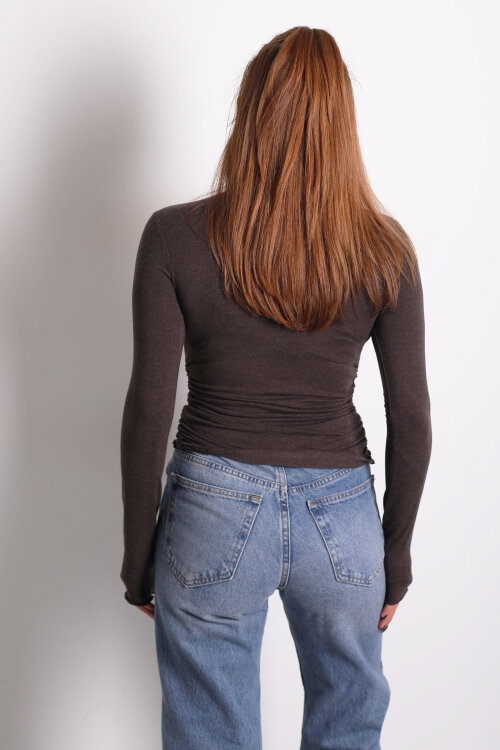 Çift V Yaka Acı Kahve Kadın Drapeli Bluz - 4