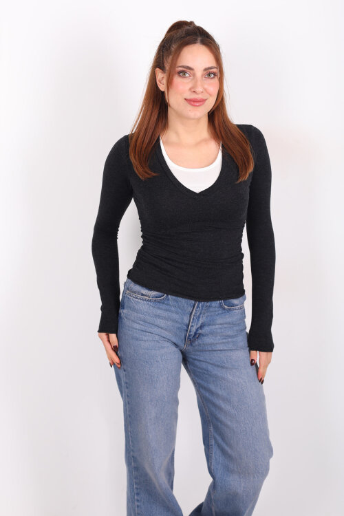 Çift V Yaka Siyah Kadın Drapeli Bluz - 3