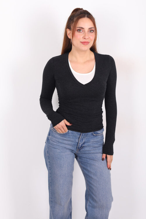 Çift V Yaka Siyah Kadın Drapeli Bluz - 4