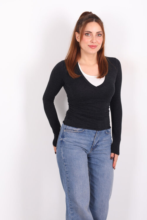 Çift V Yaka Siyah Kadın Drapeli Bluz - 6