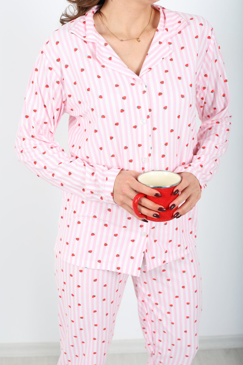 Çilek Çizgi Desenli Pembe Kadın Gömlek Pijama Takım - 2