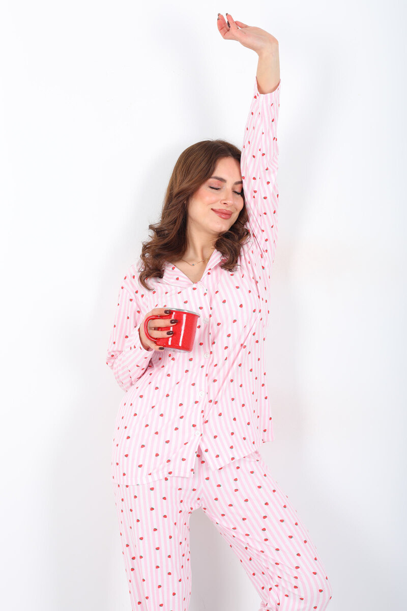 Çilek Çizgi Desenli Pembe Kadın Gömlek Pijama Takım - 1