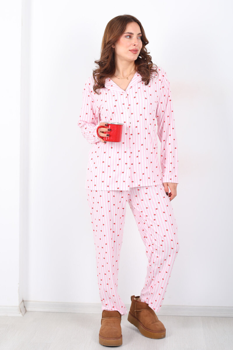 Çilek Çizgi Desenli Pembe Kadın Gömlek Pijama Takım - 7