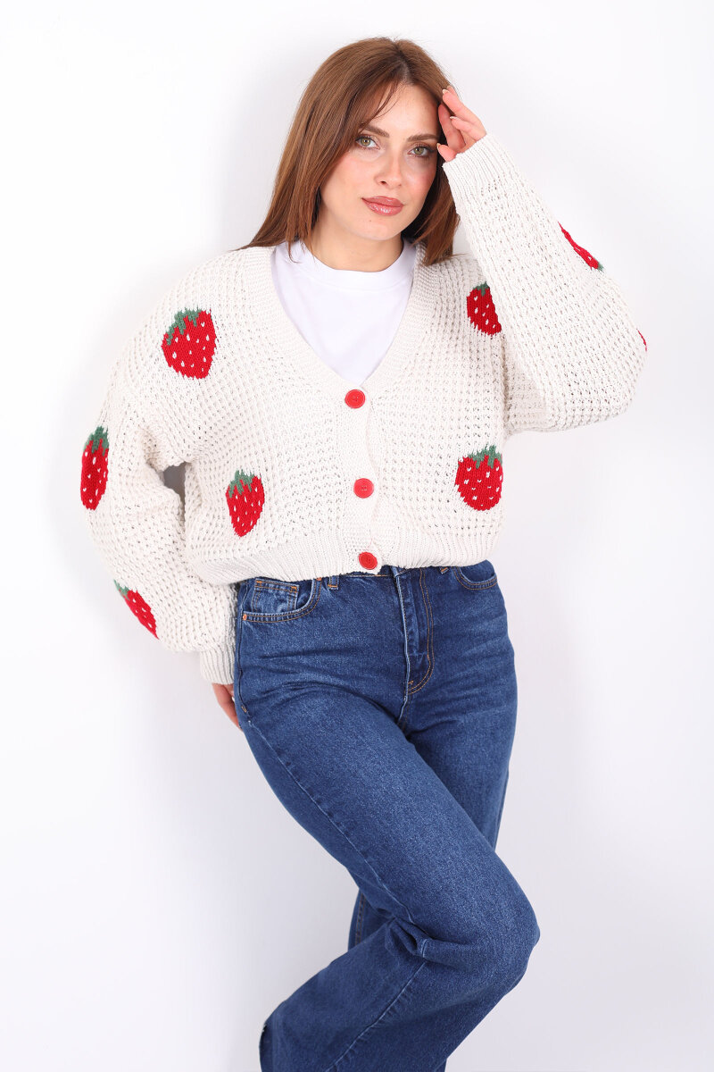 Çilek Nakışlı Kadın Krem Ajurlu Hırka - 3