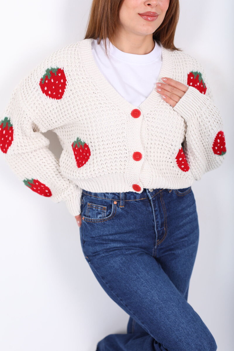 Çilek Nakışlı Kadın Krem Ajurlu Hırka - 2