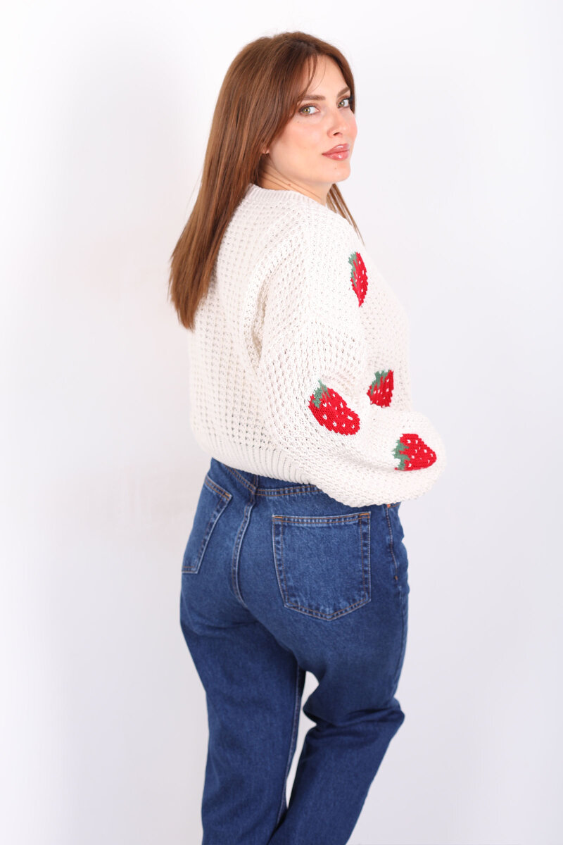 Çilek Nakışlı Kadın Krem Ajurlu Hırka - 6