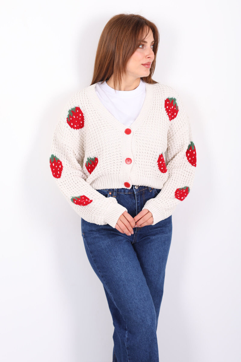 Çilek Nakışlı Kadın Krem Ajurlu Hırka - 4