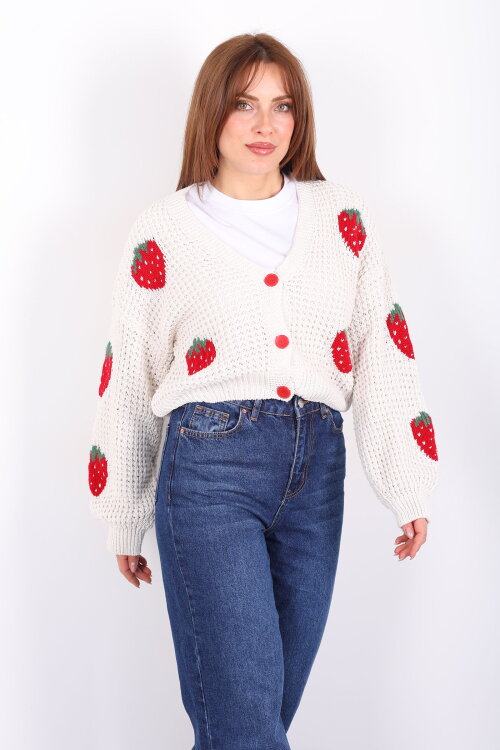 Çilek Nakışlı Kadın Krem Ajurlu Hırka - 5