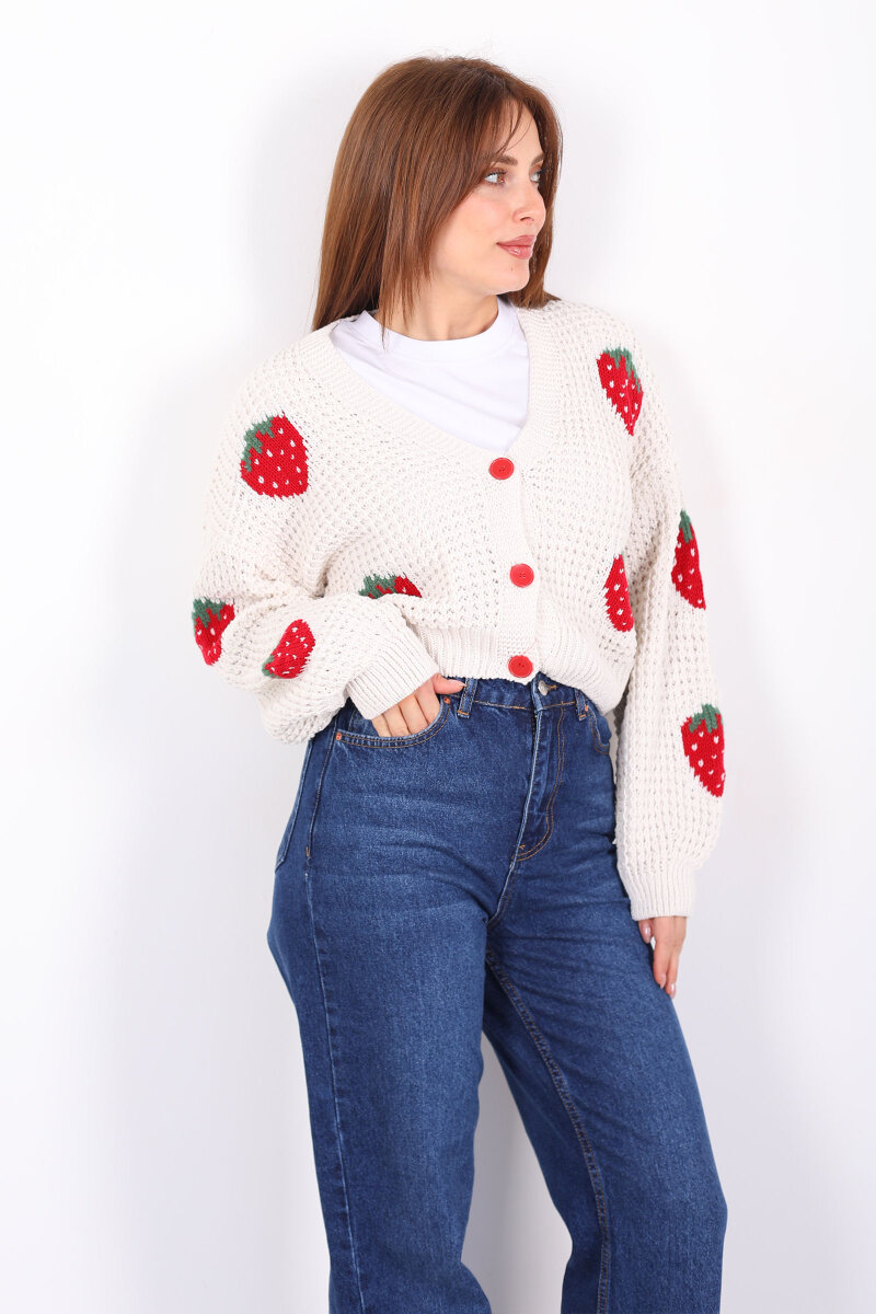 Çilek Nakışlı Kadın Krem Ajurlu Hırka - 1