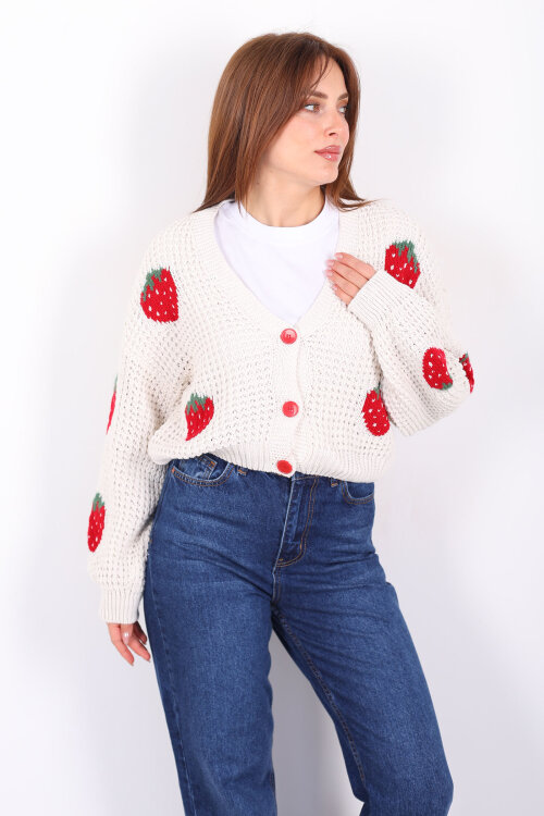 Çilek Nakışlı Kadın Krem Ajurlu Hırka - 7