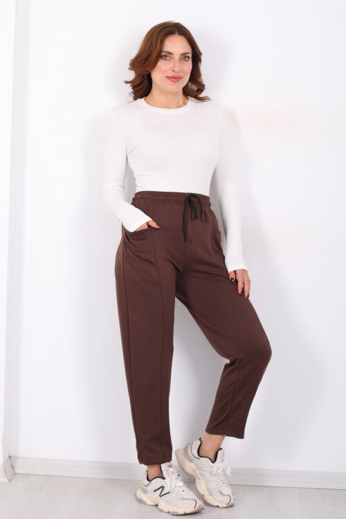 Çimalı Ön Çift Cepli Acı Kahve Kadın Modal Pantolon 