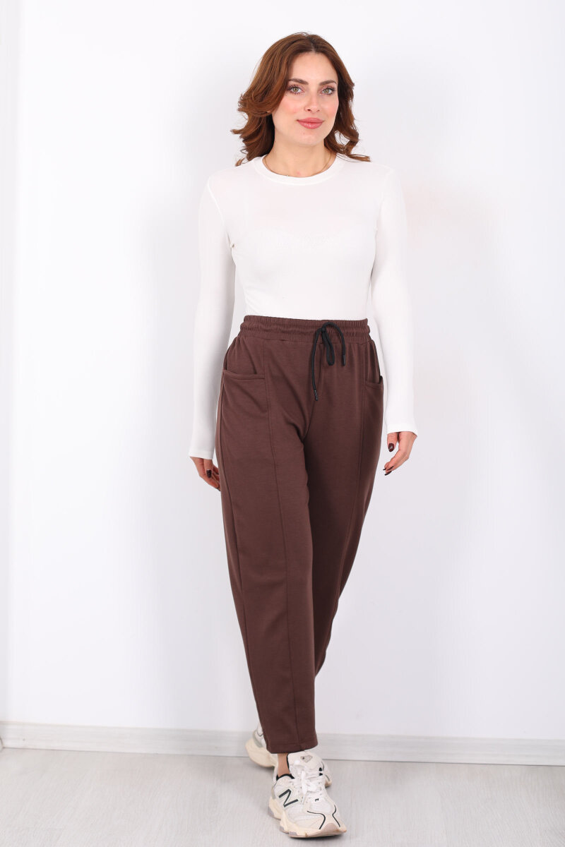 Çimalı Ön Çift Cepli Acı Kahve Kadın Modal Pantolon - 3