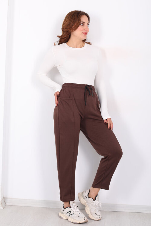 Çimalı Ön Çift Cepli Acı Kahve Kadın Modal Pantolon - 4