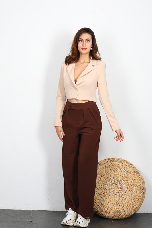 Çıtçıtlı Kadın Kahverengi Krep Pantolon - 2