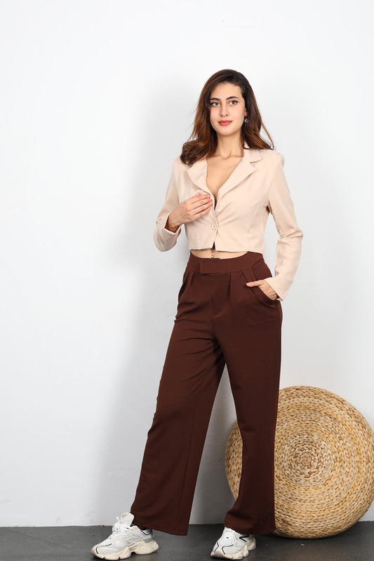 Çıtçıtlı Kadın Kahverengi Krep Pantolon - 4