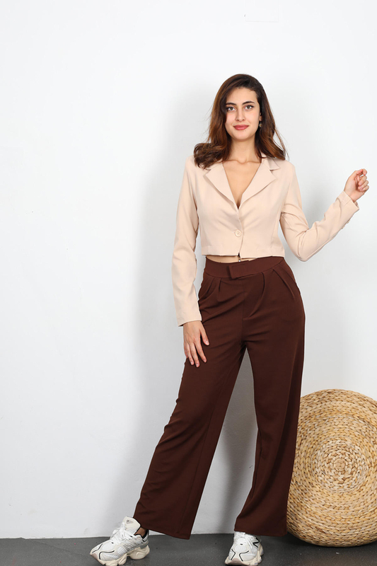 Çıtçıtlı Kadın Kahverengi Krep Pantolon - 1