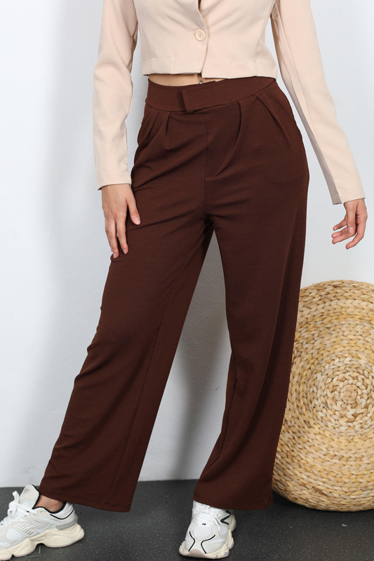 Çıtçıtlı Kadın Kahverengi Krep Pantolon - 3
