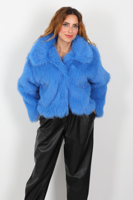 Çıtçıtlı Yakalı Sakallı İndigo Kadın Kürk - 1