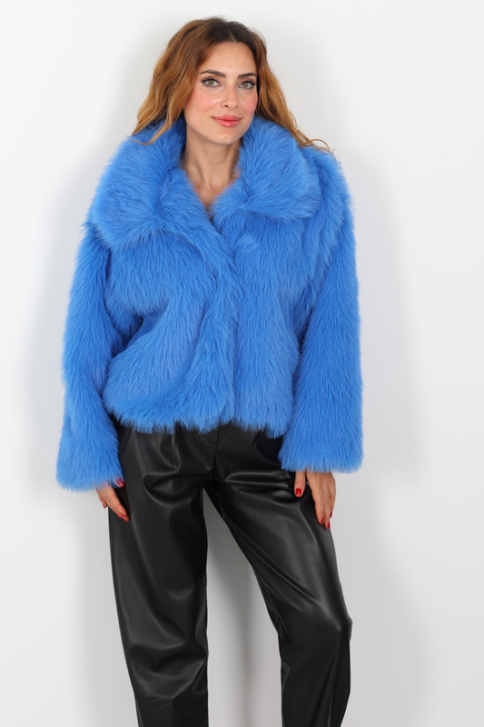 Çıtçıtlı Yakalı Sakallı İndigo Kadın Kürk - 2