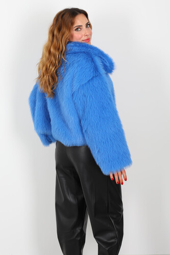 Çıtçıtlı Yakalı Sakallı İndigo Kadın Kürk - 6