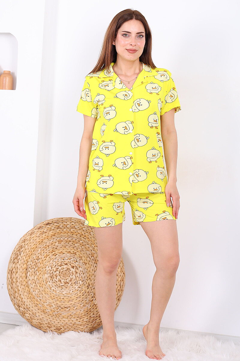Civciv Desenli Düğmeli Sarı Kadın Şortlu Pijama Takımı - 6