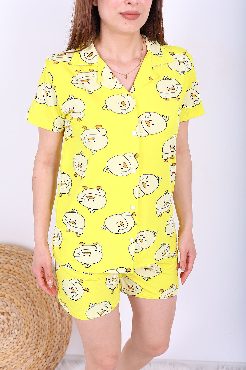 Civciv Desenli Düğmeli Sarı Kadın Şortlu Pijama Takımı - 2