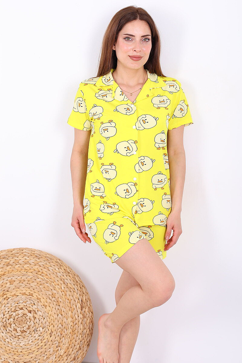 Civciv Desenli Düğmeli Sarı Kadın Şortlu Pijama Takımı - 1