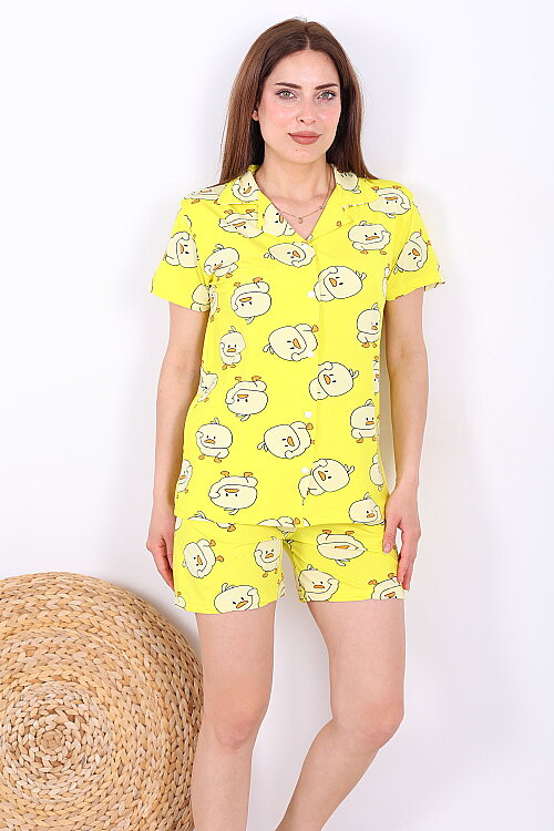 Civciv Desenli Düğmeli Sarı Kadın Şortlu Pijama Takımı - 4