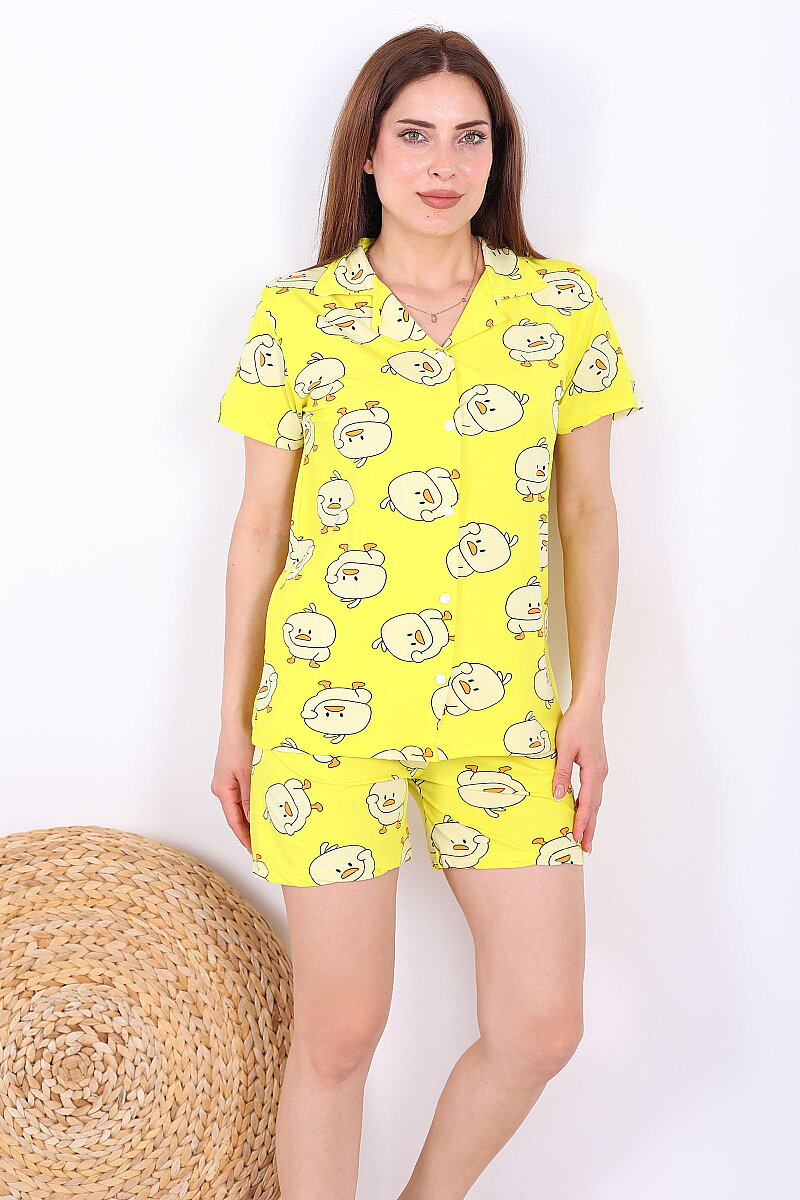 Civciv Desenli Düğmeli Sarı Kadın Şortlu Pijama Takımı - 4