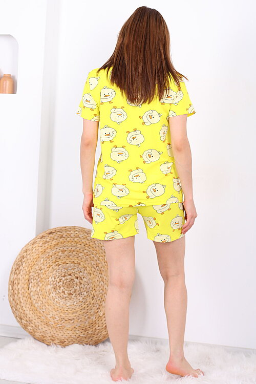 Civciv Desenli Düğmeli Sarı Kadın Şortlu Pijama Takımı - 5