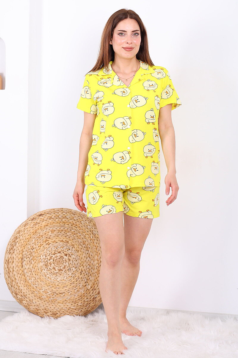 Civciv Desenli Düğmeli Sarı Kadın Şortlu Pijama Takımı - 3