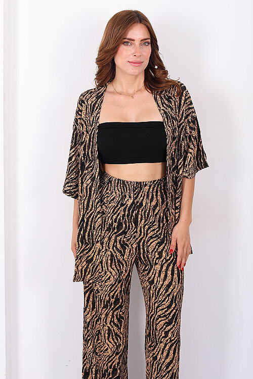 Çizgi Desen Kadın Bej Kimono Takım - 4