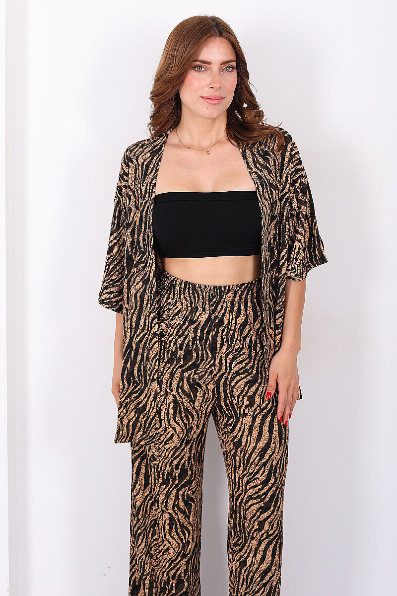 Çizgi Desen Kadın Bej Kimono Takım - 4