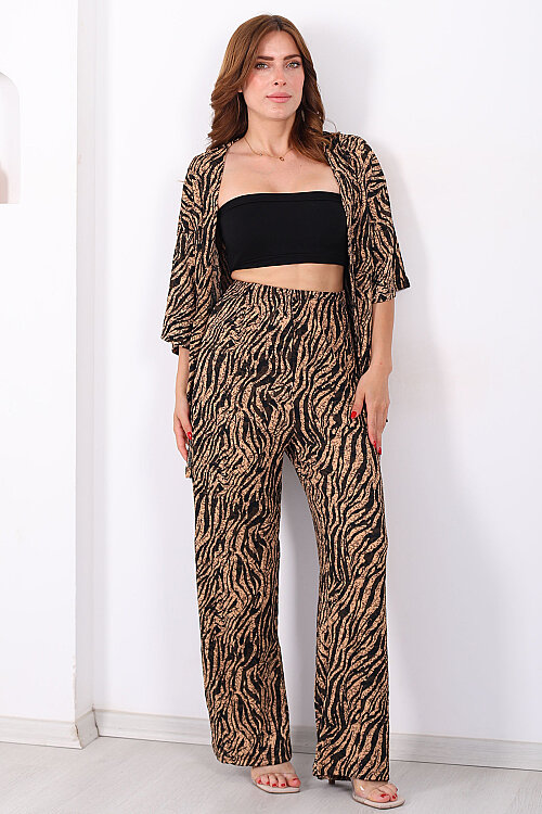 Çizgi Desen Kadın Bej Kimono Takım - 3