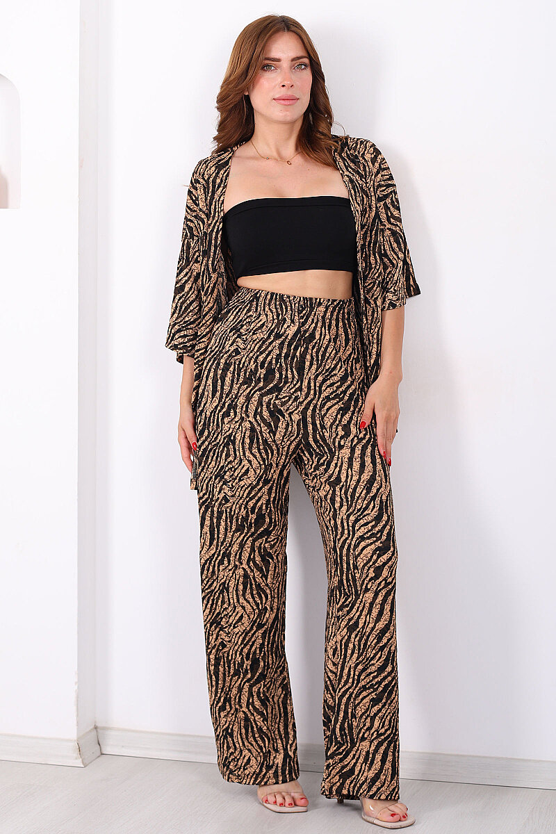 Çizgi Desen Kadın Bej Kimono Takım - 3