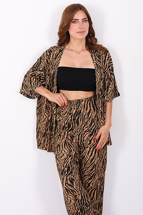 Çizgi Desen Kadın Bej Kimono Takım - Berox