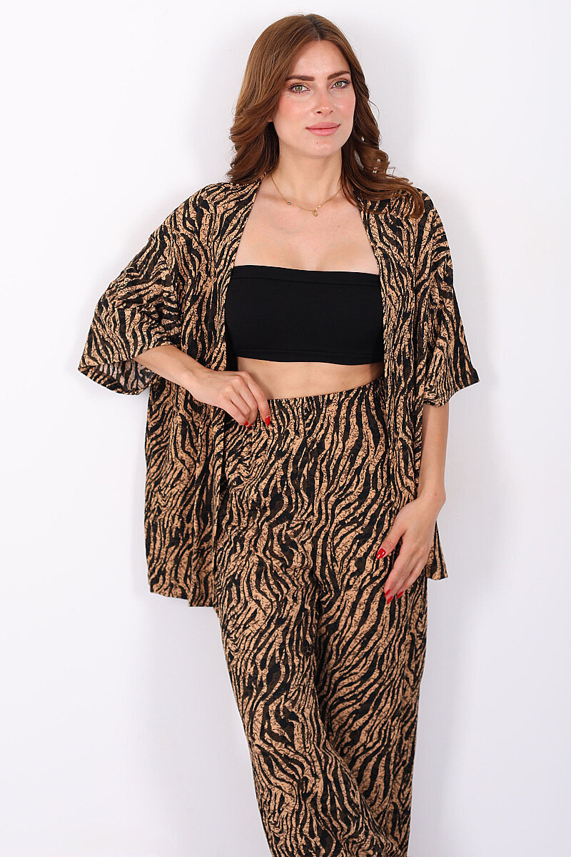 Çizgi Desen Kadın Bej Kimono Takım - 1