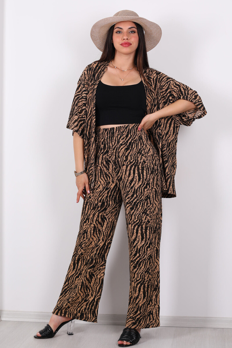 Çizgi Desen Kadın Bej Kimono Takım - 5