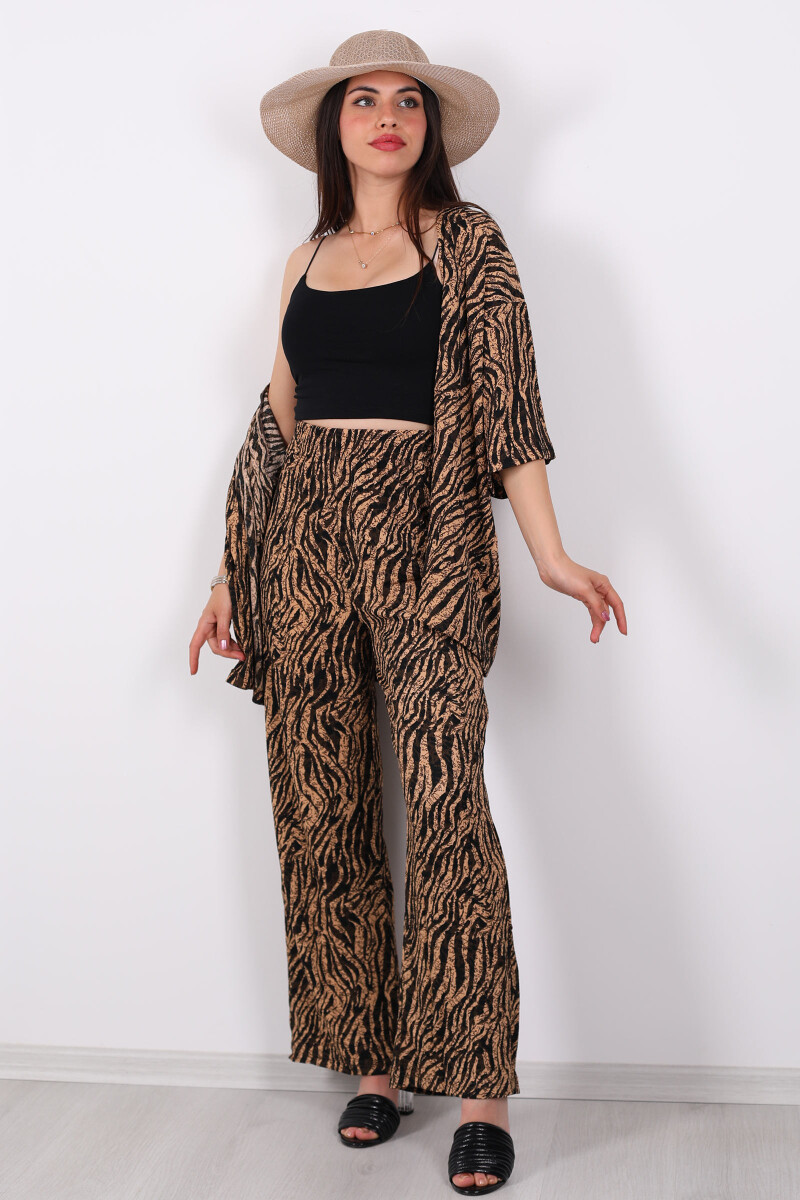 Çizgi Desen Kadın Bej Kimono Takım - 1